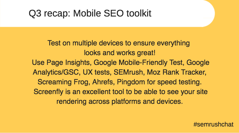 Chopstickmedia's tweet photo. Q3 recap: Test on multiple devices :) use SEMrush, Moz screamingfrog ahrefs pingdom Screenfly #semrushchat https://t.co/YmATAluI3n #chopst…