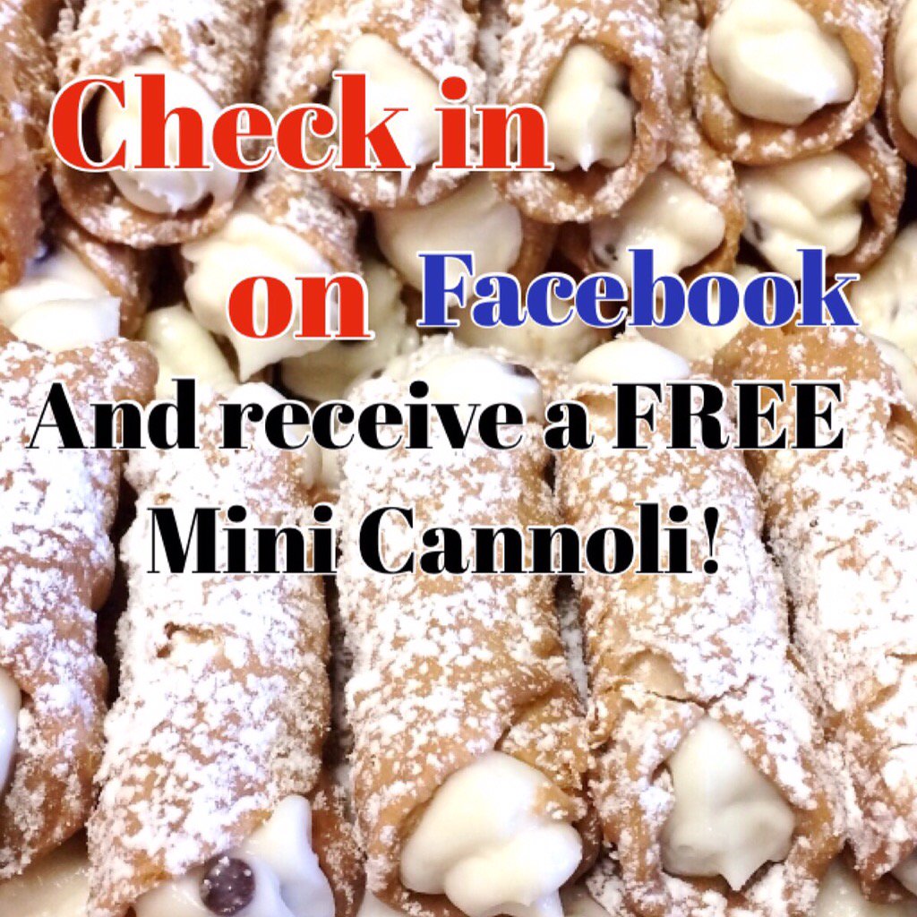 Love Cannolis ?? FREE is even sweeter!! Check in while at Nellys and receive a Free mini Cannoli! Yum🇮🇹