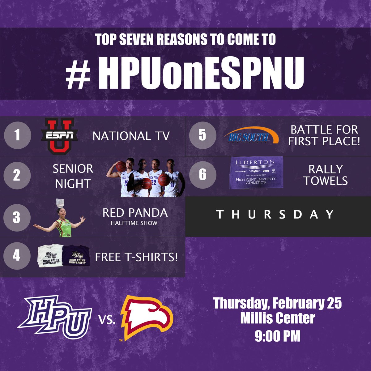 HPUSportsPromos's tweet photo. Top 7 Reasons To Come To #HPUonESPNU

Reason No. 6: Free rally towels for first 1000 fans!

HPU-Winthrop. Thursday. https://t.co/B3HRLsl7st