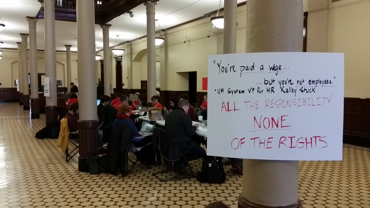 MUGradRights's tweet photo. #GradWorkers are grading, answering student emails, and writing  as part of the #IWorkForMizzou Work-In. Join us! https://t.co/xHvG34x6hl