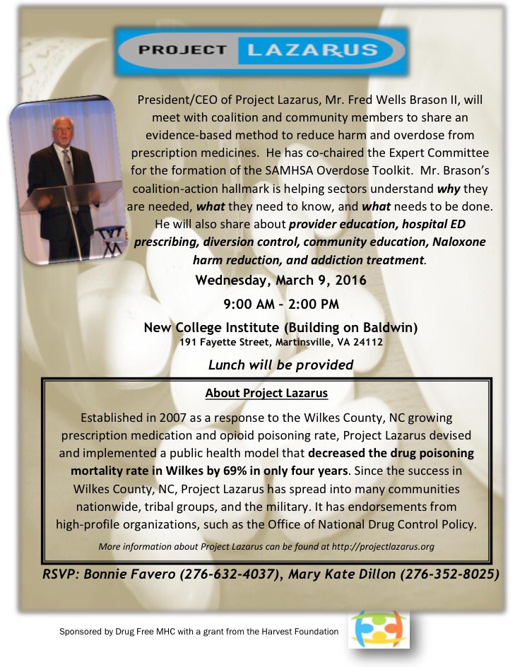 DrugFree_MHC's tweet photo. Please mark your calendars and plan to attend Project Lazarus. Please spread the word and don't forget to RSVP. https://t.co/0vKvvzItku