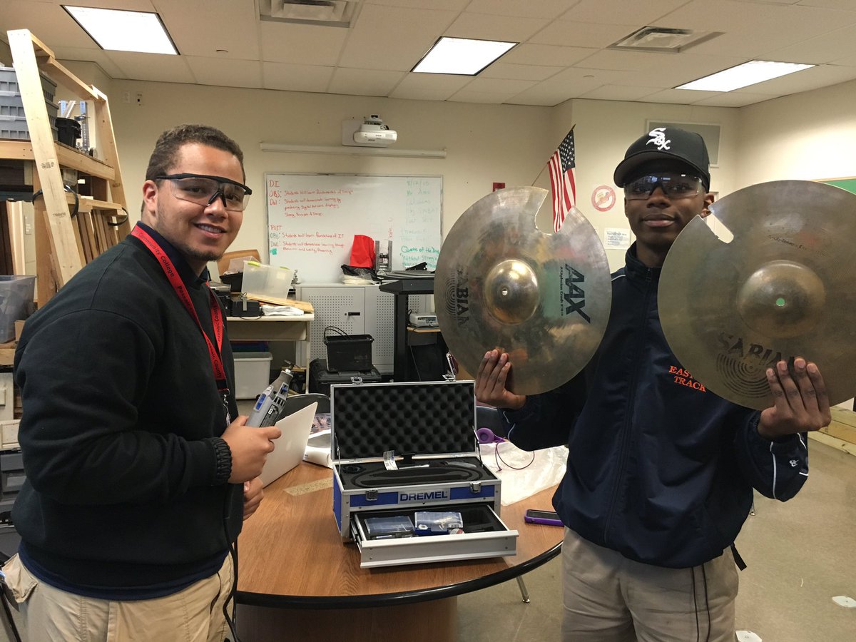 danborghoff's tweet photo. @EngColeman had cracked cymbals. @BuildingPedro helped fix them w/ a @Dremel. #maker #makered @DremelEdu #makerspace https://t.co/3kz38tgP3C