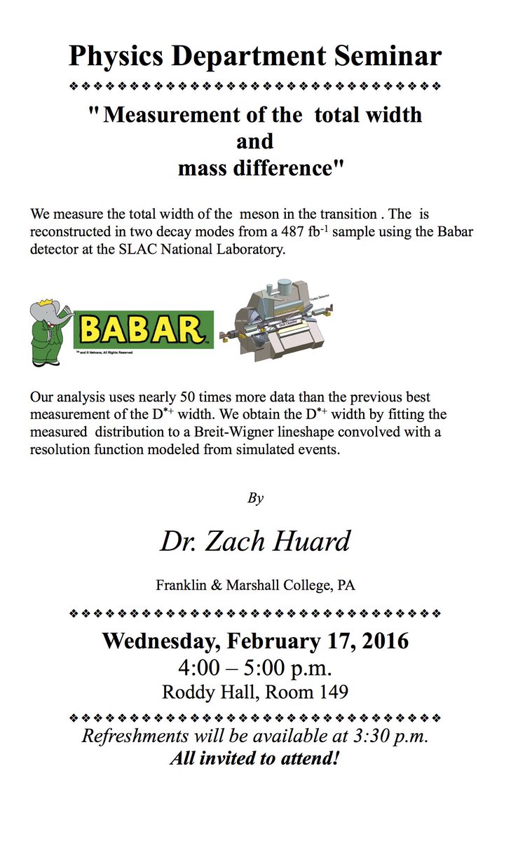 Roddy250's tweet photo. @millersvilleu Physics welcomes Dr. Zach Huard of @FandMCollege today (2/17) to discuss meson width. Roddy149 at 4P. https://t.co/3KwzR65g1D