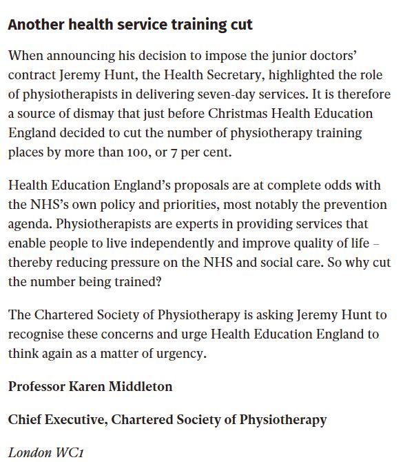 thecsp's tweet photo. CSP chief exec @KMiddletonCSP raises concerns about the cut to physio training places in today’s Independent https://t.co/ja8rHsY8Wy