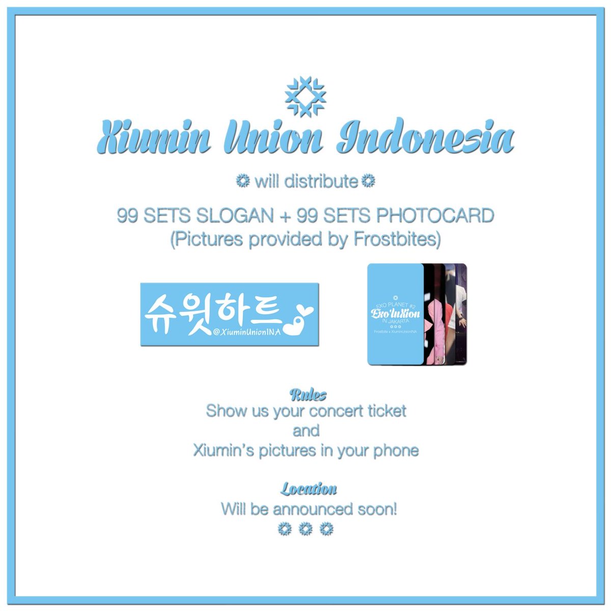 xiuminunionina's tweet photo. ❄ LIMITED SUPPORT KIT For Xiumin Fans in EXOluXion in Indonesia !
We'll be giving out thesefor FREE  ❄ https://t.co/DIhRKyoXor
