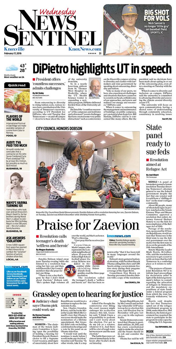 knoxnews's tweet photo. On today's 1A: @UTPresidentJoe delivers State of the University address; City Council honors #ZaevionDobson. https://t.co/Qv7bKvvLQv