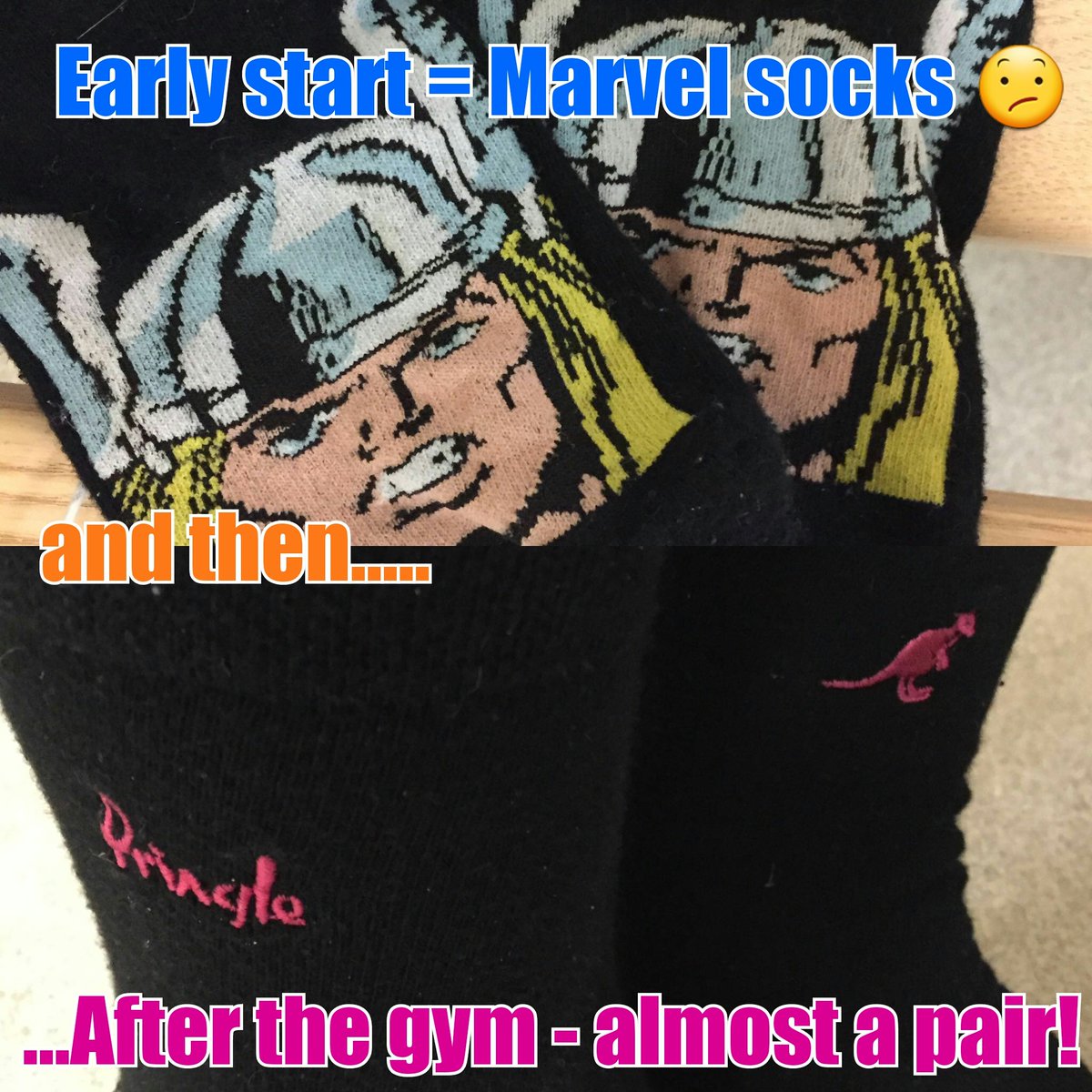 iamgiacomelli's tweet photo. This is what happens when you dress and sort your gym kit out after very little sleep #cartoonsocks #oddsocks #tired https://t.co/YCfLSoLNOo