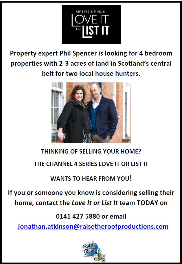 RTRPGlasgow's tweet image. @PipofftheTV is looking for 4 bed houses with 3 acres in central Scotland. If u can help call Holly: 0141 427 5880.