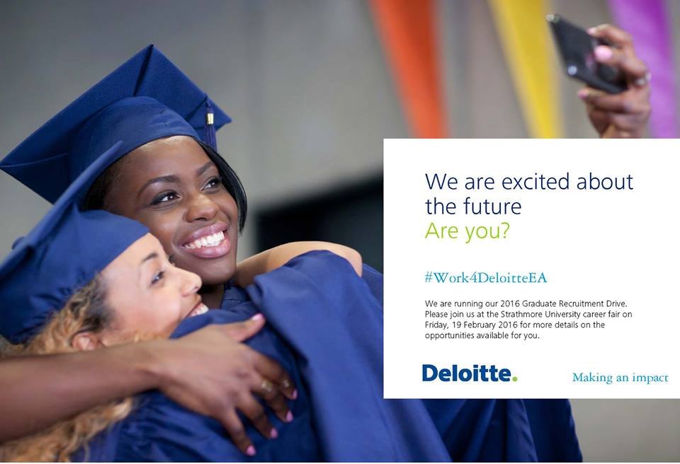 DeloitteKenya's tweet photo. Q. Where will you be on 19 February 2016? 
A. Strathmore University. Annual Graduate Recruitment drive Save the Date https://t.co/aVyTTVn4dx