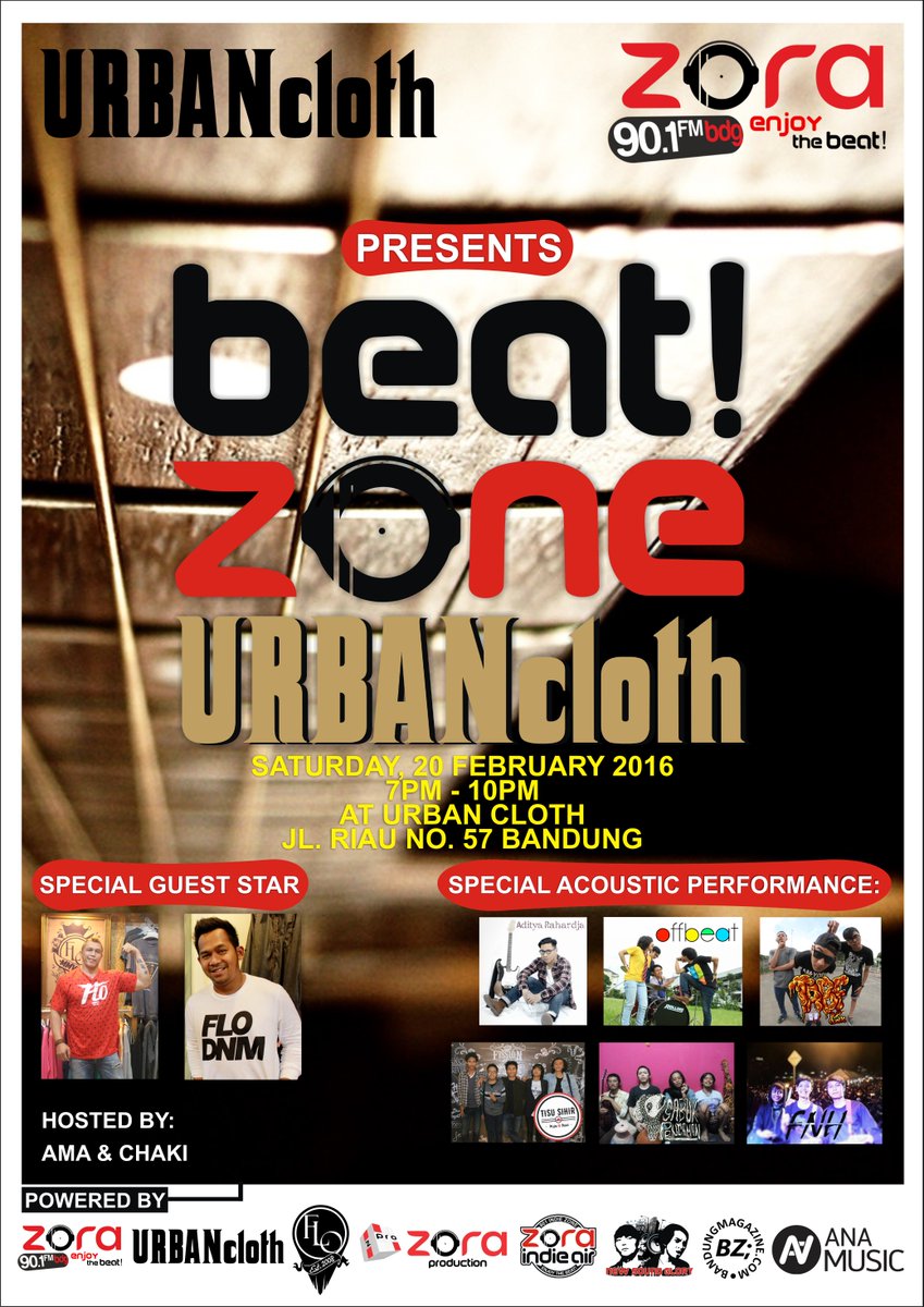 indieairmedia's tweet photo. #BEATZONEURBANCLOTH @zoraradio Sabtu 20/2/16 7pm-10pm w/ @adityarahardja_ @TABF_Official @PengamanSabuk etc...free!! https://t.co/PRV1XuYoOQ