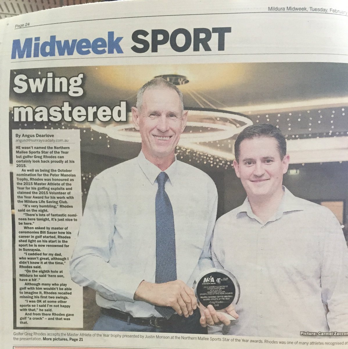 Telstra Mildura were proud to  present the award "Master Athlete of 2015" Mallee Sports Assembly to Greg Rhodes.