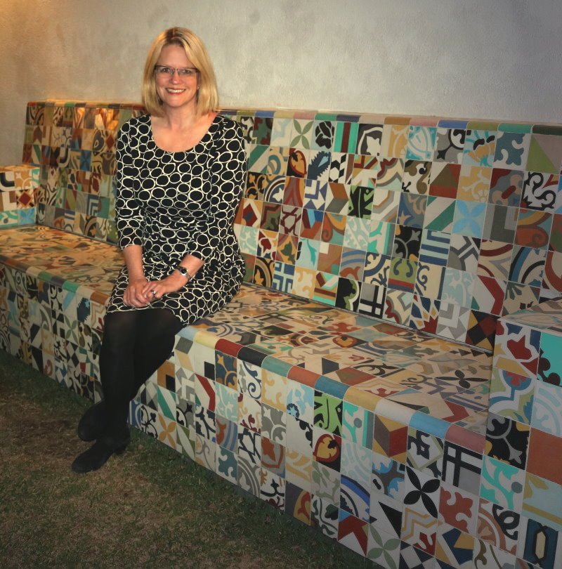 TesselleDesign's tweet image. Our designer, Karin Jeske, on a bench covered with Mosaic Montage tiles by Tesselle.  bit.ly/1oJfgCb