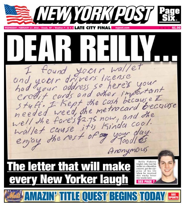 nypost's tweet photo. A man who lost his wallet got a brutally honest letter from the guy who found it https://t.co/Cw12CFTzhk https://t.co/kvYB99TWom