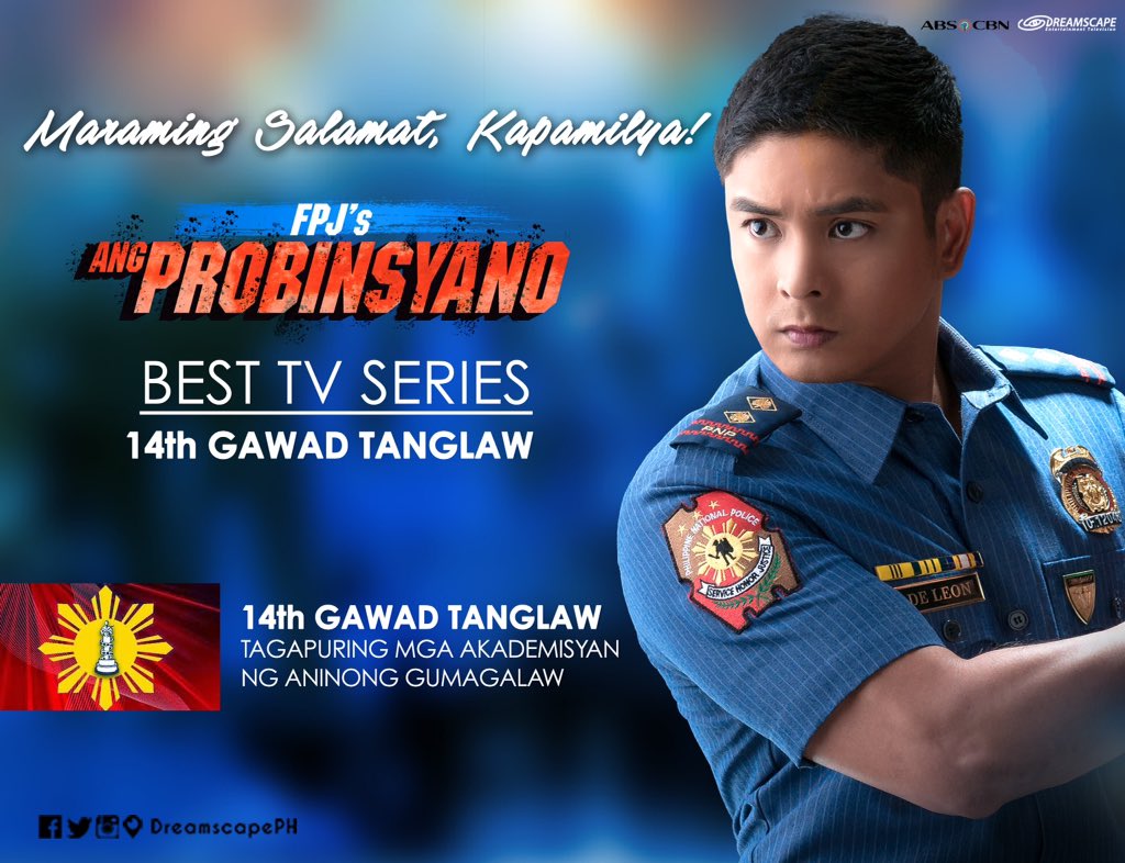 DreamscapePH's tweet photo. Maraming Salamat, Kapamilya! #FPJsAngProbinsyano BEST TV SERIES in the 14th GAWAD TANGLAW https://t.co/lLRrrOGyLN