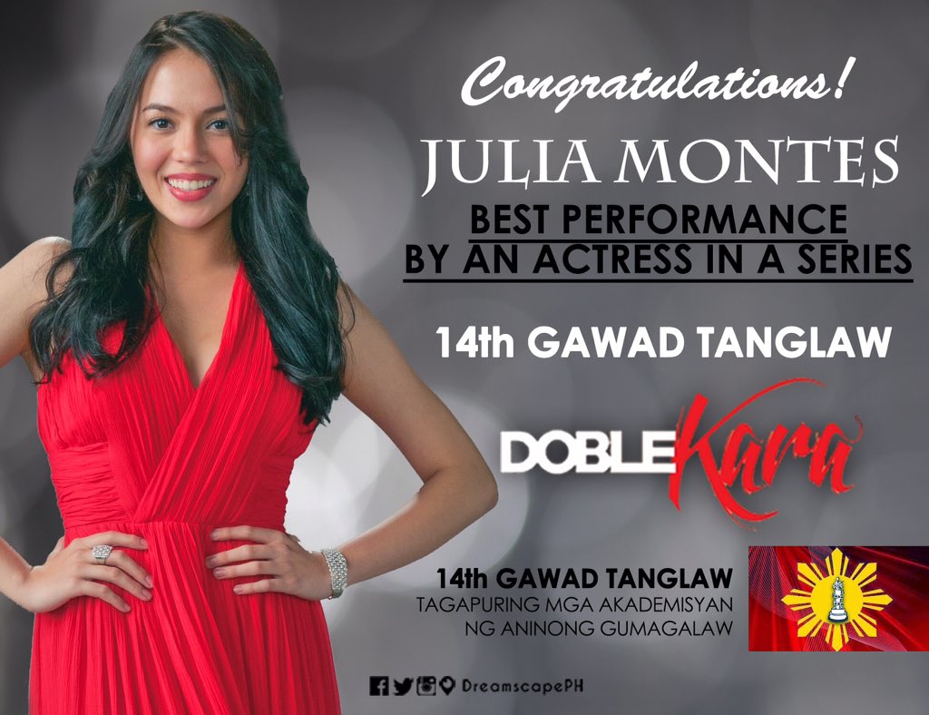 DreamscapePH's tweet photo. Congratulations @montesjulia BEST PERFORMANCE BY AN ACTRESS IN A SERIES in the 14th GAWAD TANGLAW #DobleKara https://t.co/am3XbIU6Zt