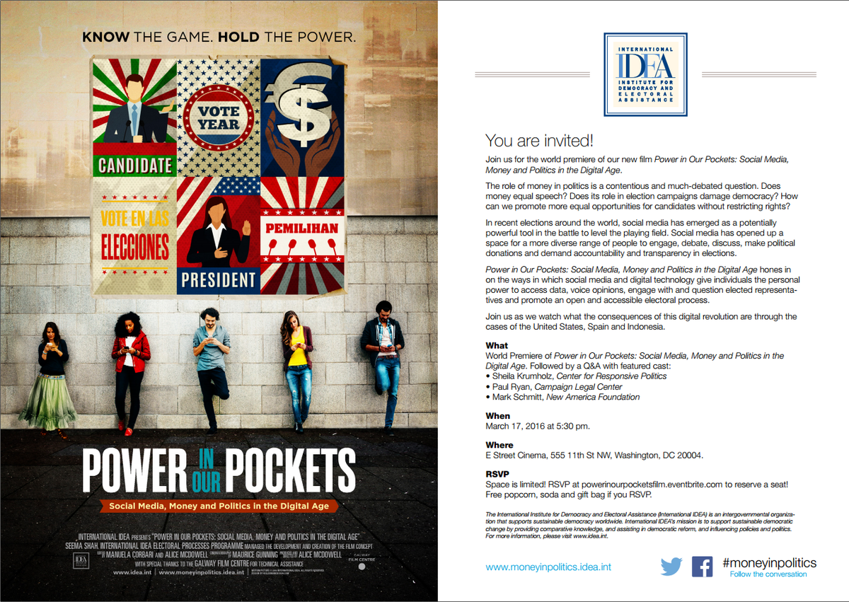 aceproject_org's tweet photo. Join @Int_IDEA on March 17th in D.C. for the premiere of the film - Power in Our Pockets. https://t.co/d3idd9G2hg https://t.co/mNILzo5T0b