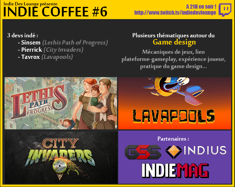 IndieDevLounge's tweet photo. Ce soir Indie Dev Lounge 21h avec @Sinsem_ @pierrickbignet et @Tavrox_ spécial Game Design
https://t.co/QbQbQSFllD https://t.co/jjkrSomL6y