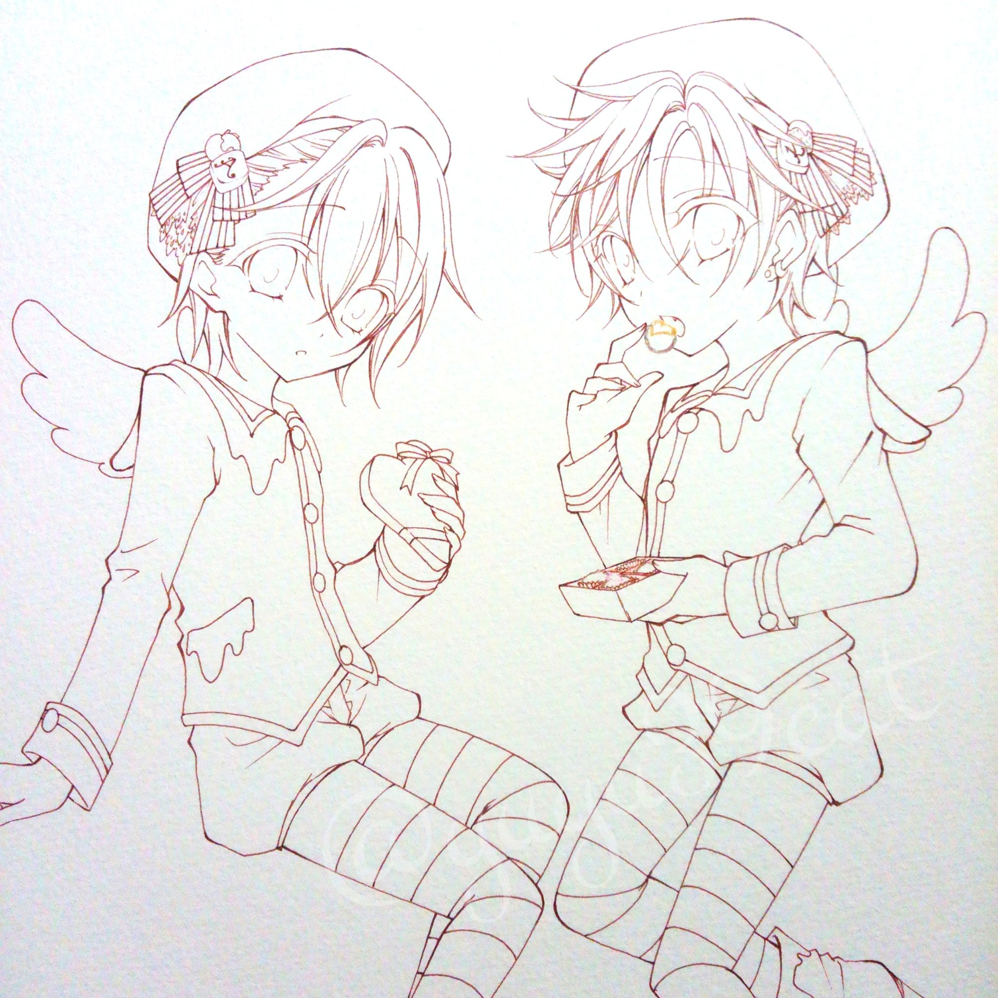 ゆゆ Yuyu39cat 線画完成 D D 描き忘れあったので 描き足して上げ直し うちのお菓子中毒っ子 双子のあい 左 とこた 右 お菓子中毒 線画 イラスト基地 今さらバレンタイン絵 T Co Wno7msoa18 Twitter