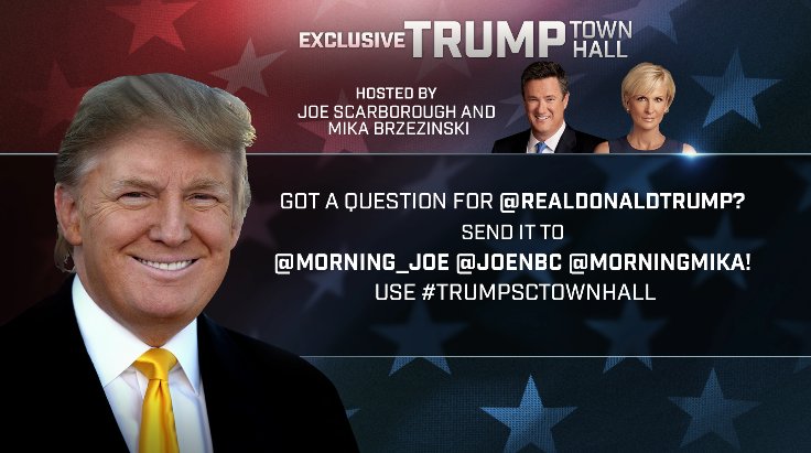 Morning_Joe's tweet photo. Got a question for @realDonaldTrump? Send it to @Morning_Joe @JoeNBC @morningmika! Use #TrumpSCTownHall https://t.co/ZfjCItfgYs