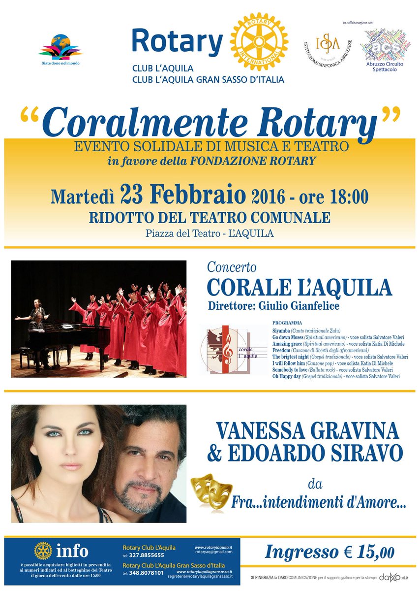 PREVENDITE:PISCINA COMUNALE L'Aquila e dalle ore 15:00 del 23-2 c/o botteghino del RIDOTTO DEL TEATRO.Vi aspettiamo!