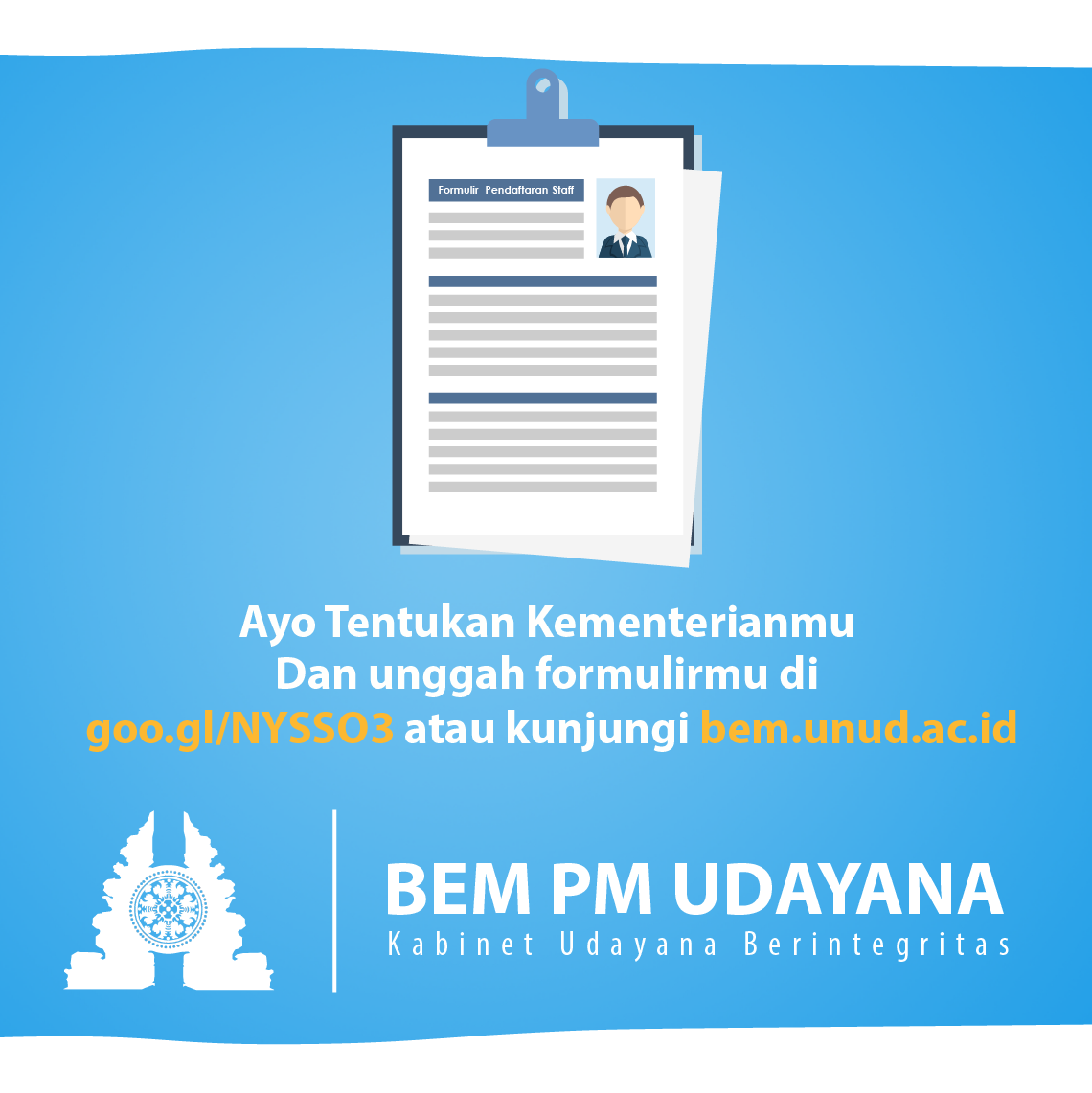 Ayo kirimkan formulir kalian buka link di bawah ini : goo.gl/NYSSO3 / bem.unud.ac.id
#AyoMasukBEM