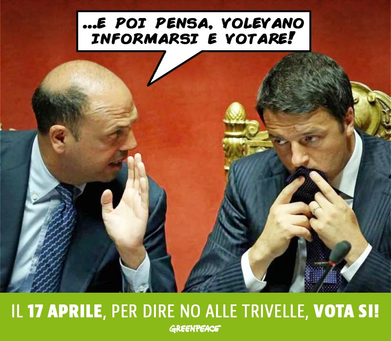 Greenpeace_ITA's tweet photo. #Referendum: il Governo ha paura del tuo voto?Il 17 aprile per dire No alle #trivelle, VOTA SI! Informa gli altri:RT https://t.co/fahg3JuCiq