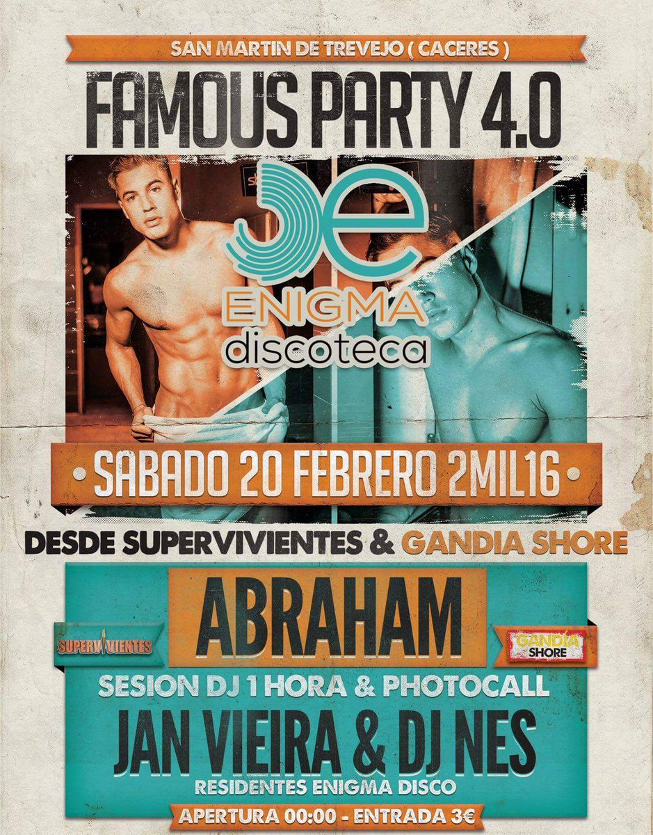 djnes69's tweet photo. VAMOOOOOOS! Os espero el sábado 20 de febrero en @DiscoEnigmaSM #FamousParty con @AbrahamGandiaSh @JanVieira11 https://t.co/PTWjsS8YZr