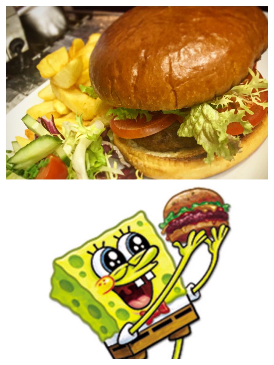 DuttonsCafe's tweet photo. SpongeBob's ultimate treat now available @Duttons Cafe Continental 😉😀😋 Crab Burger (Krabby Patty) with chips &amp; salad https://t.co/oB4TWQfs47
