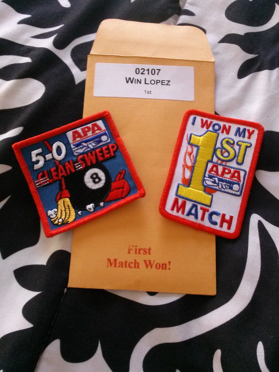 WindyStarrLopez's tweet photo. Received my first patches :) #APA #poolleague #poolsharks #billiards #cleansweep #8ball @poolplayers #breakandrun https://t.co/QTACWabRQy