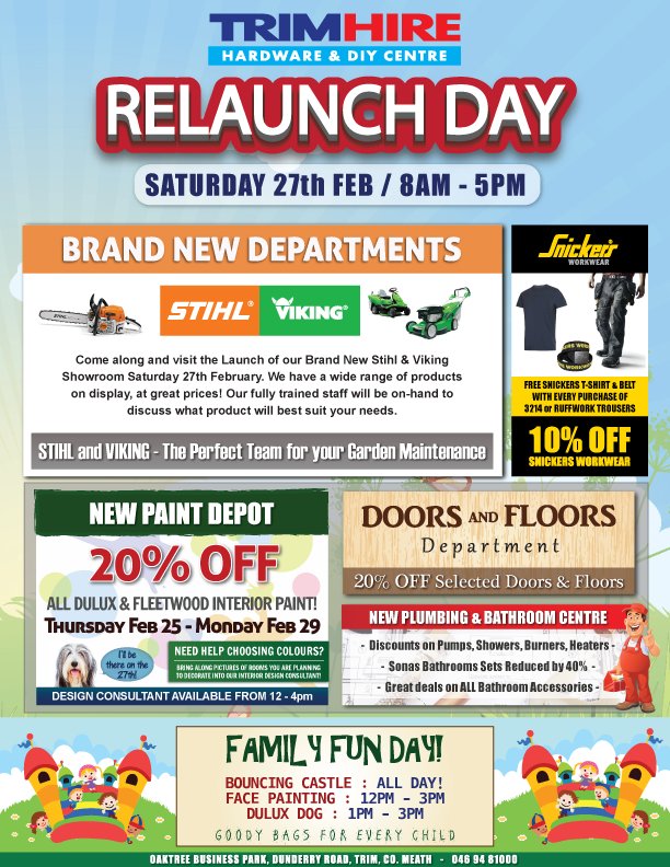 TrimHire's tweet photo. Trim Hire &amp; Hardware Realunch Day Feb 27th! 8am - 5pm. Great Day out for everyone! #Trim #LaunchDay https://t.co/nRlGur3ugt