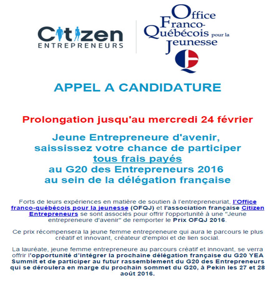 #ENTREPRENEURES : Prix OFQJ  PROLONGATION des candidatures jusqu'au 24 fev <a href="/ofqj_france/">Office franco-québécois pour la jeunesse - France</a> : bit.ly/1R0OG2j