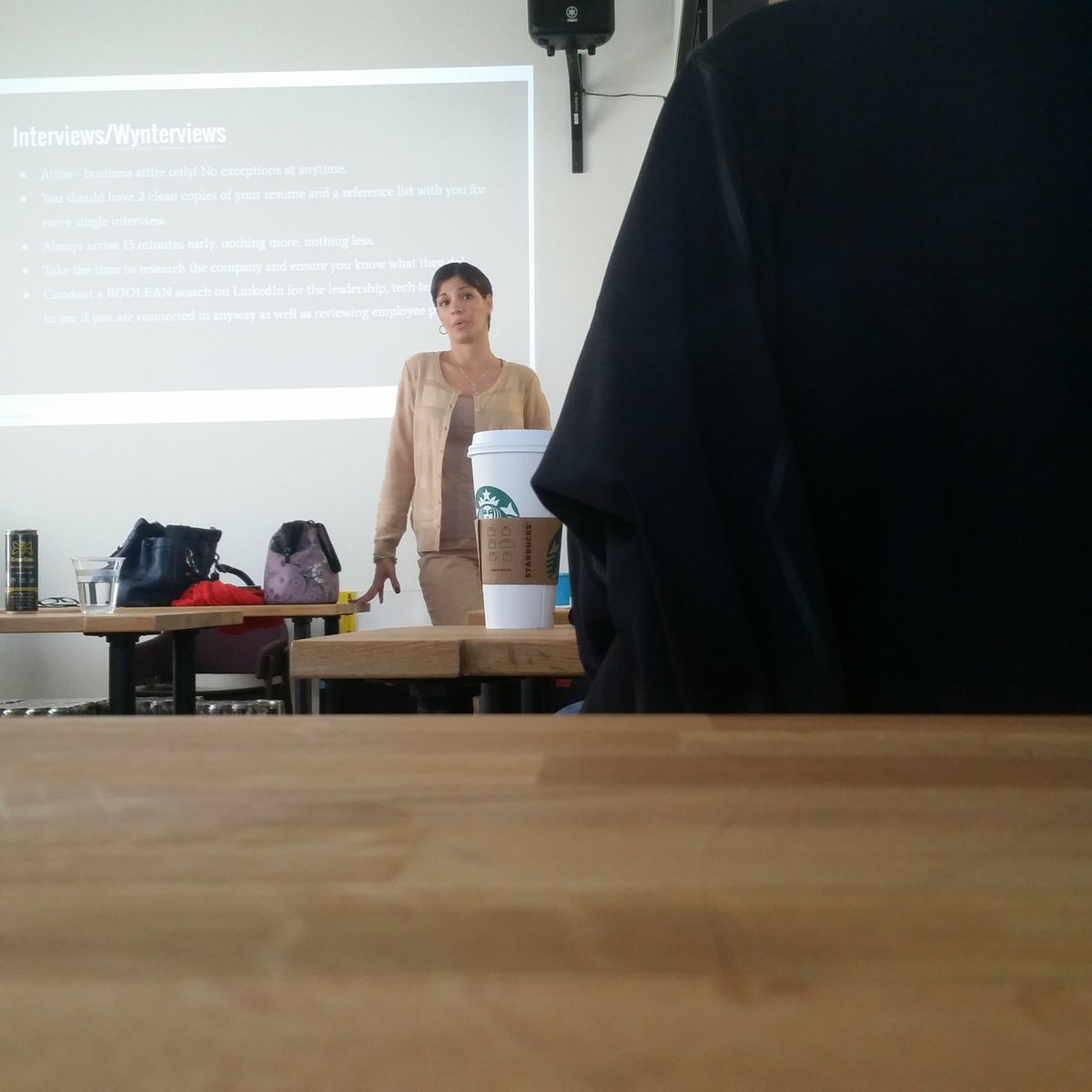 GoodCodeMADC1ty's tweet photo. Rita blessing us with business wisdom today. Building that resume. #GoodCodemAAdC1ty #wework https://t.co/F41df56yQK