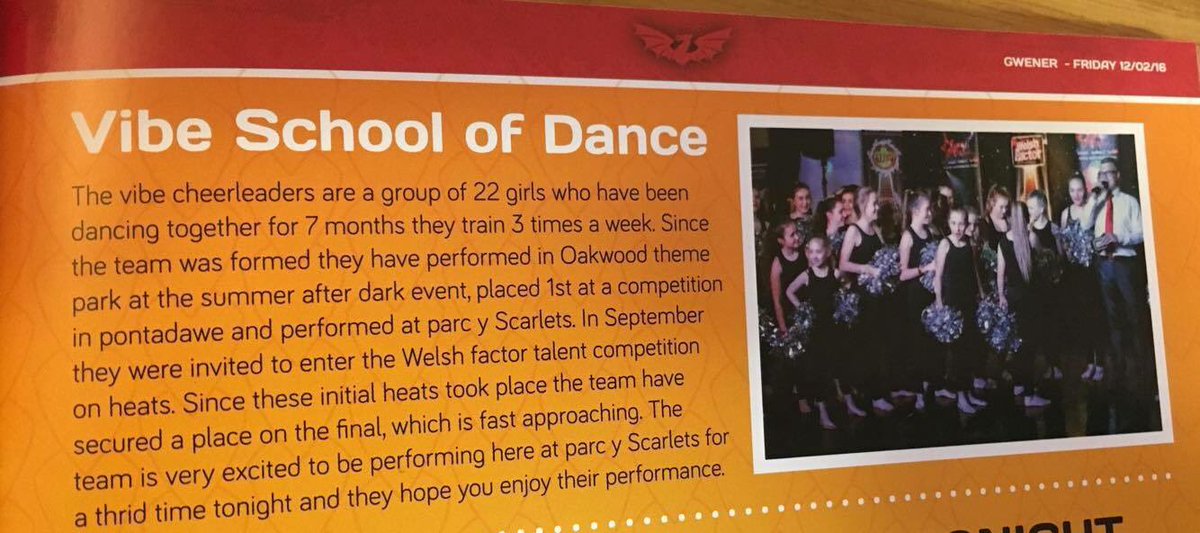 WelshFactor's tweet photo. Great to see #vibe school of dance featured in the @scarlets_rugby programme at last weeks game #welshfactorfinal 👊🏼 https://t.co/RlcFNUmo7q