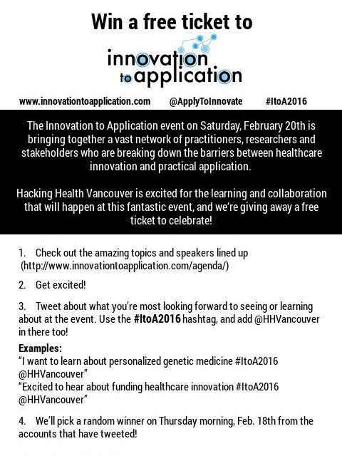 HHVancouver's tweet photo. Win a free ticket to the @ApplyToInnovate #ItoA2016 event on Saturday Feb 20th! #healthcare #innovation https://t.co/63TxbF5Mph
