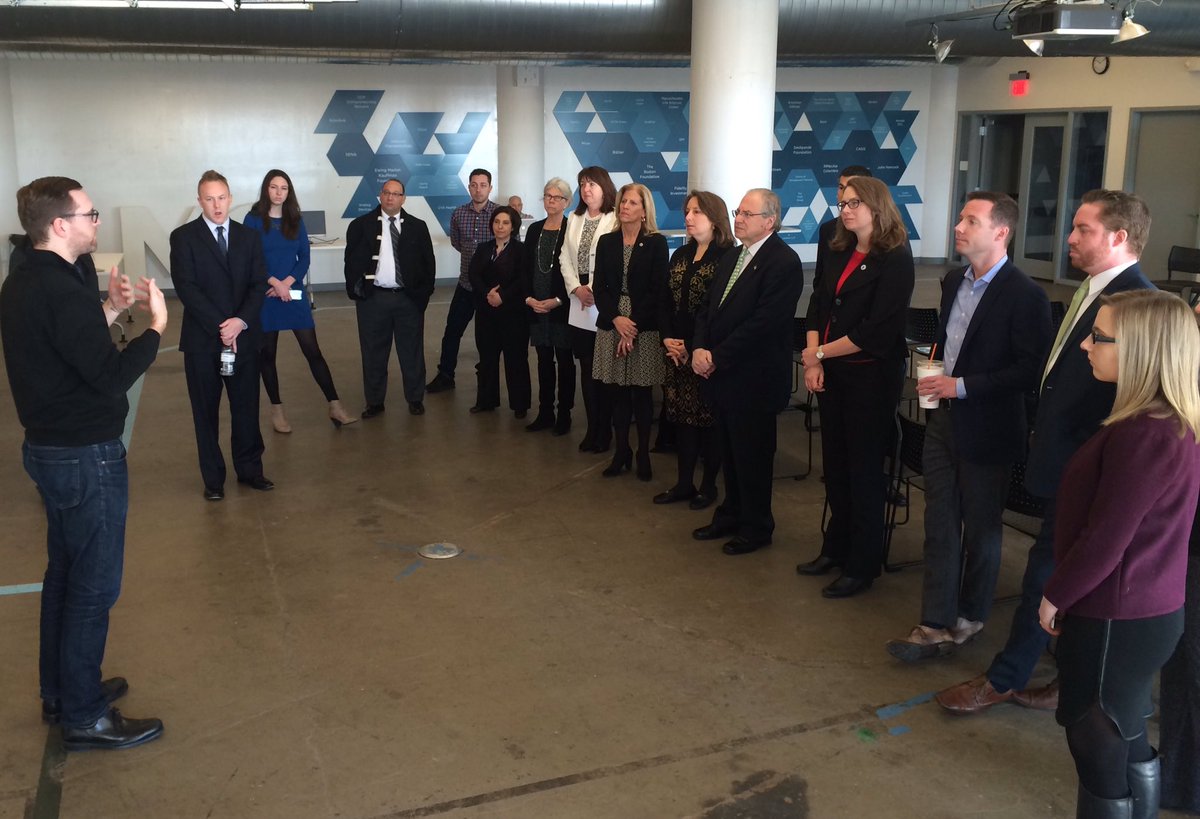 MassChallenge's tweet photo. Proud to welcome @SpeakerDeLeo to our office! Here's @scottbaileyBTV explaining our no-equity accelerator #MAInno https://t.co/ZHPPPxhX8k