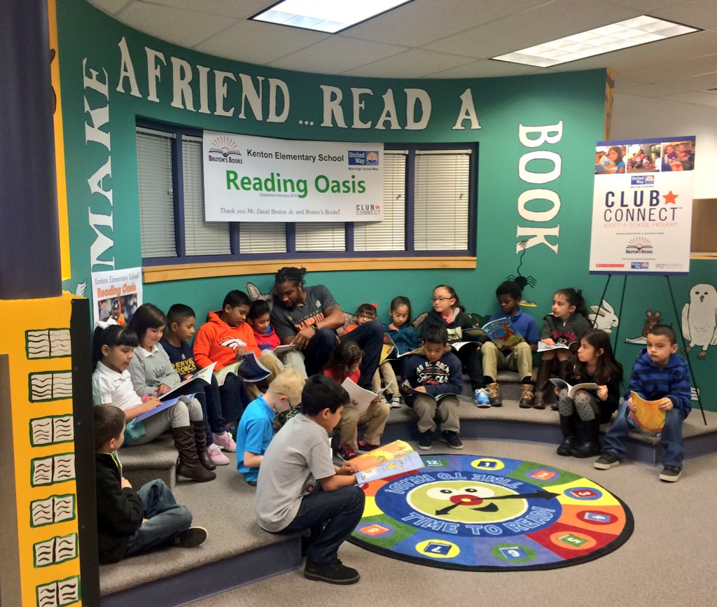 BroncosOffField's tweet photo. .@D_Brut30 and @BrutonsBooks launching @UnitedWayDenver "Club Connect" at Kenton Elementary School. #BeAChampion https://t.co/EBgMxMueee