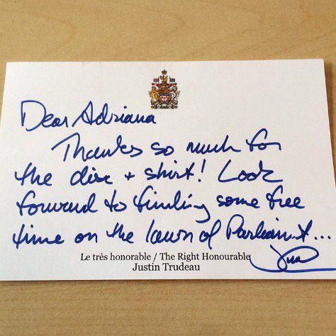 A thank you note from the 🇨🇦 Prime Minister after Adriana sent a @Ultimate_Canada Team Canada jersey and disc! #bff