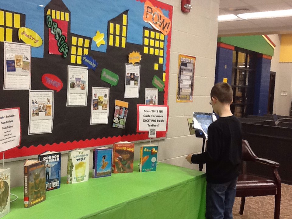 MrsJgscott's tweet photo. Booktrailers+QR codes=Digital Learning Day library fun #DigitalLearningDay @MCLAalabama @vsullivan @LegacyElement https://t.co/zZi6BsVUMn