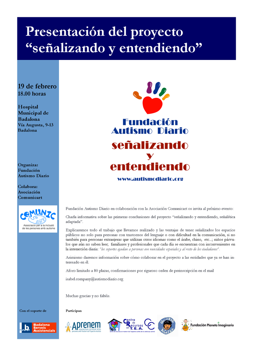 AComunicart's tweet photo. Os invitamos al próximo evento proyecto de SEÑALÉTICA para autismo
Explicaremos la señalización en espacios públicos https://t.co/cgFT0WKyy3
