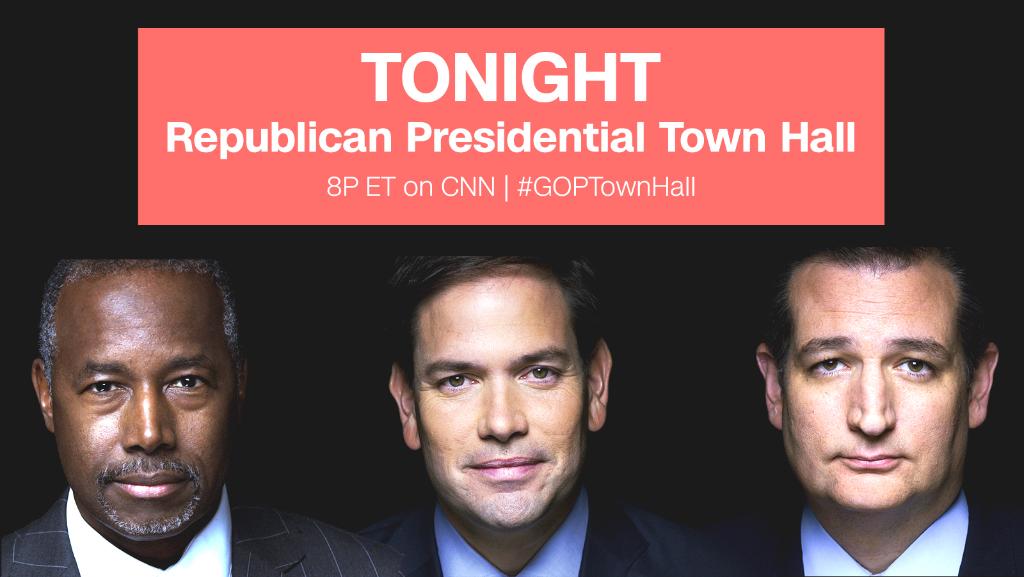 CNNThisMorning's tweet photo. 5 things to watch for in tonight's 8p #GOPTownHall with @RealBenCarson @marcorubio @tedcruz https://t.co/Fd112Amled https://t.co/B3i7LIPvCA