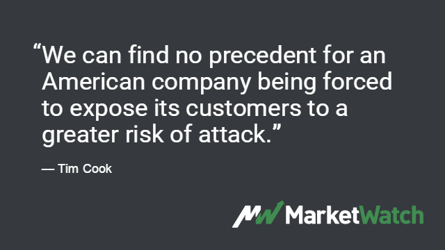 MarketWatch's tweet photo. Apple will oppose a federal court order to unlock the San Bernardino suspect's phone  https://t.co/vAyp5boI94 https://t.co/3p0x6UomVG
