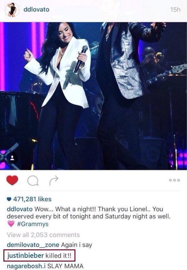 DemiBrazilTeam's tweet photo. Justin Bieber comentou "Killed it" na foto que Demi Lovato postou no Instagram https://t.co/oMbRQB3t6z
