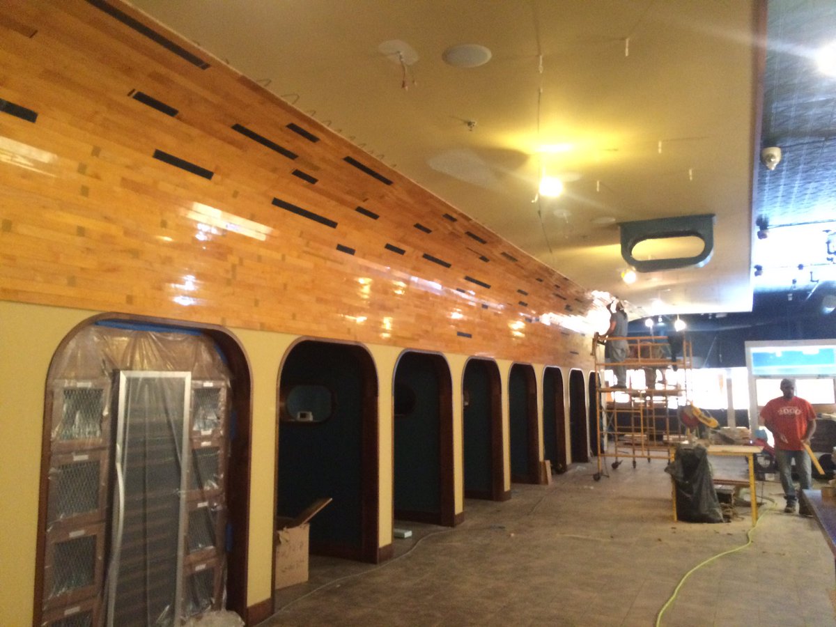 DieboldNeal's tweet photo. Throwing up the ceiling using reclaimed gym flooring. #newproject #newrestsurant #truecooks https://t.co/FUk0ptqvYD