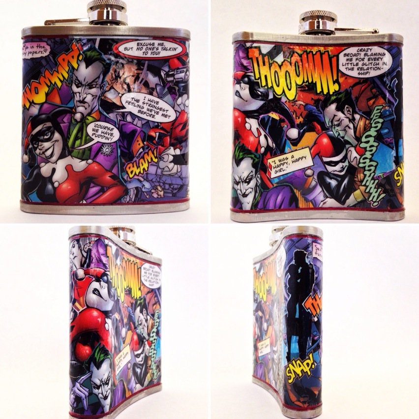 GiraffeSoul's tweet image. A Holder For Your Poisons &amp;amp; Potions - &quot;HQ &amp;amp; Mista J #1&quot; 6oz SS Flask #giraffesoulshoes #harleyquinn #joker #flask