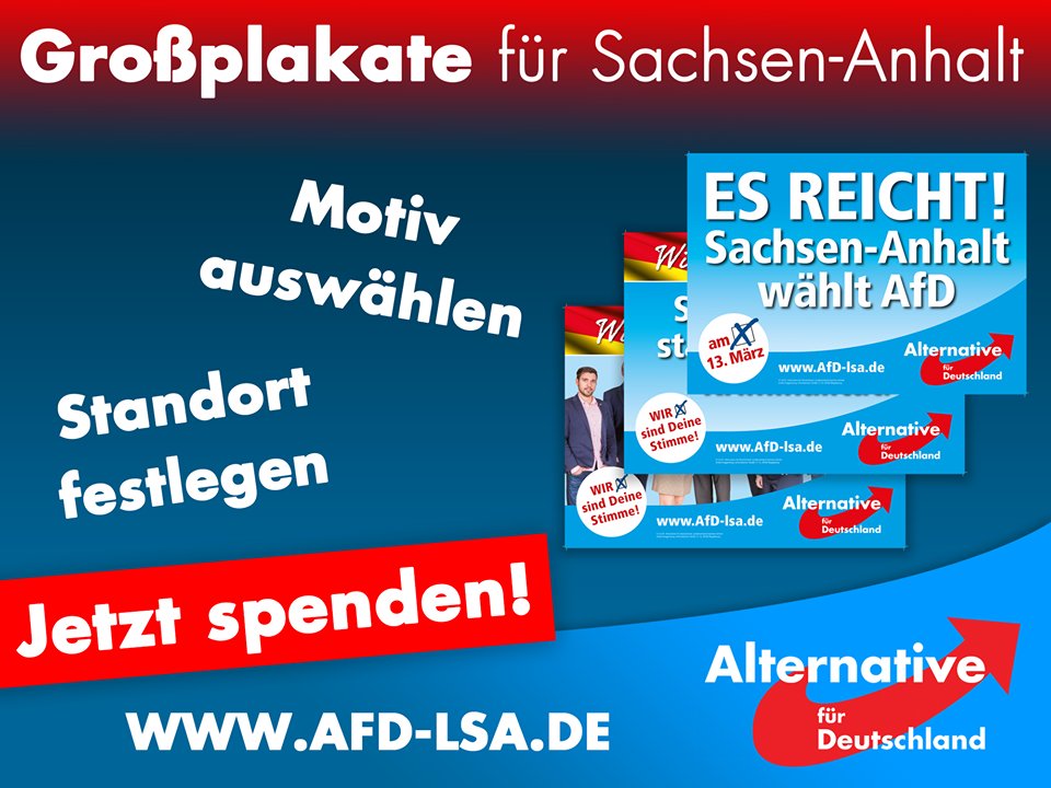 Sachsen-Anhalt | #AfD bei 17 % - Plakatspende für ein noch besseres Abschneiden bei #ltwlsa
plakatspende.afd-lsa.de