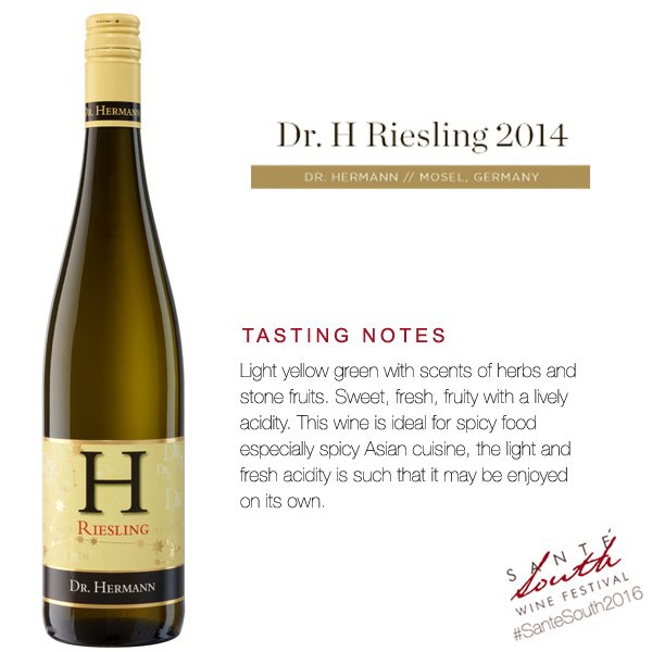 santesouth's tweet photo. #TastingNotes @BroadbentWines #DrHermann Reisling Sweet, fresh, fruity with lively acidity. #SanteSouth2016 https://t.co/H3wPkQPBHE