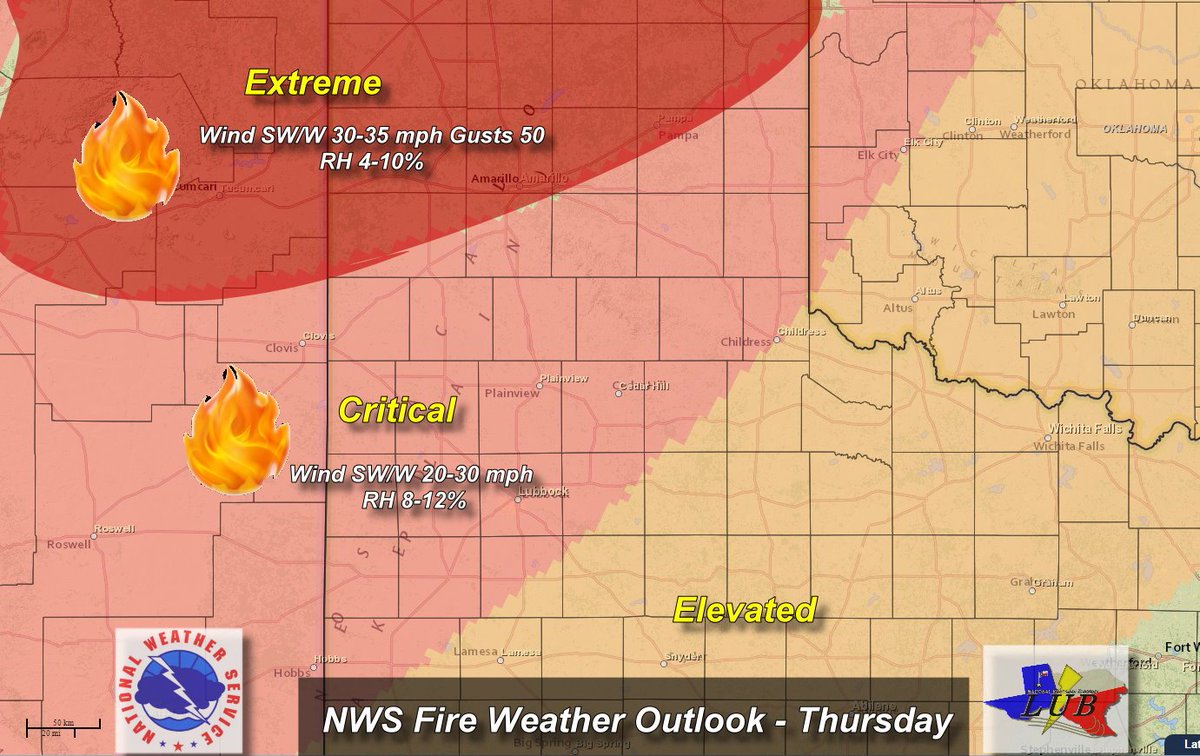 NWSLubbock's tweet image. Critical fire danger (dry, windy) Thur South Plains of W TX. Extreme conditions in Panhandle. #txwx #lubwx