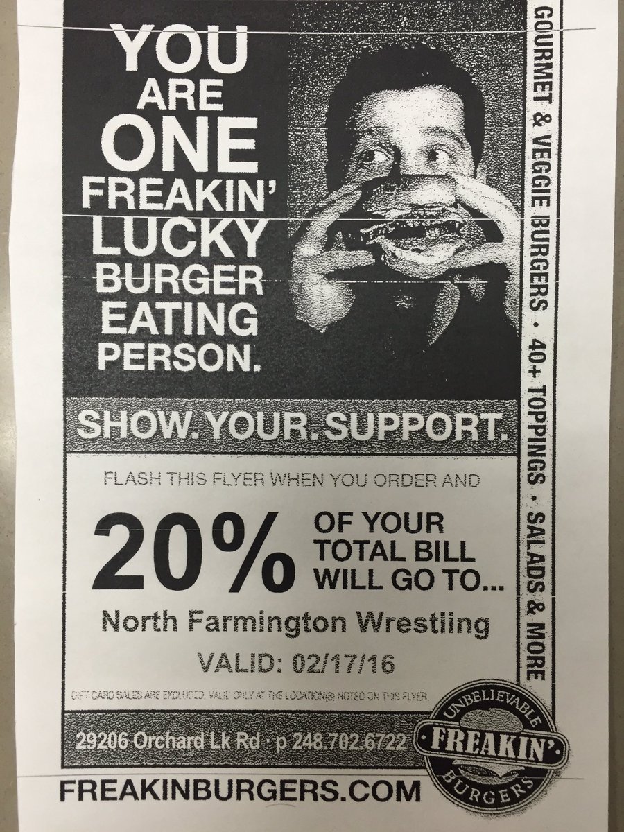 NFHS_Raiders's tweet photo. Tonight, come support the wrestling team by eating at Freakin' Burger! https://t.co/NzA7wv1L9l