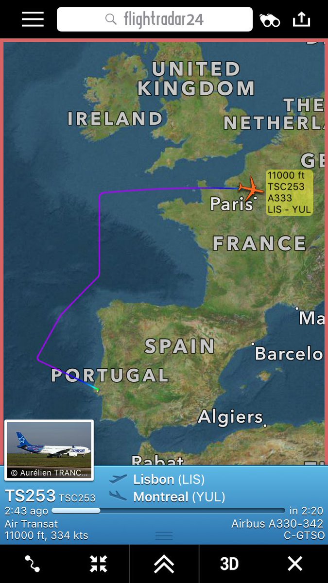 TomPodolec's tweet photo. Air Transat #TS253 Malaga, Spain to Montreal diverted to Lisbon yesterday.Now diverting to Paris.Reported tech issue https://t.co/Lh9ZVwepSQ