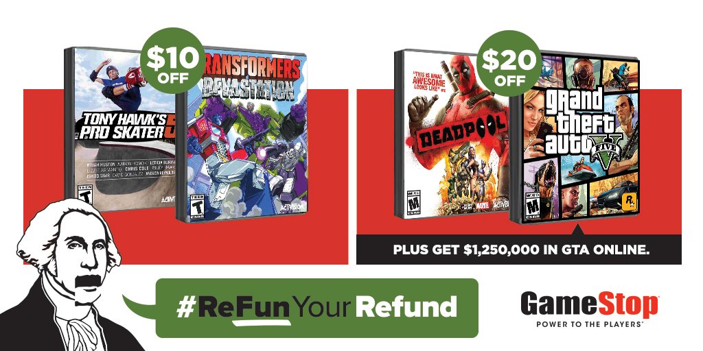 gamestop's tweet photo. Save up to $20 on GTA V, Deadpool, Tony Hawk and Transformers. #ReFunYourRefund https://t.co/mTTb2ihIXp https://t.co/0AQPmJMBGB